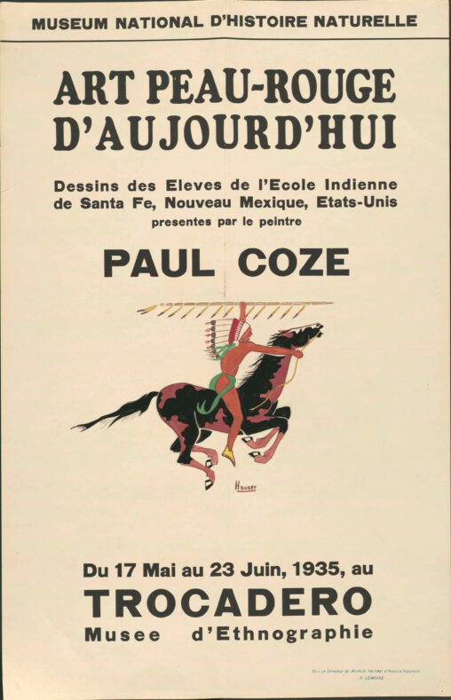Art Exhibition Poster with Painting of American Indian in war bonnet on horseback holding feathered spear