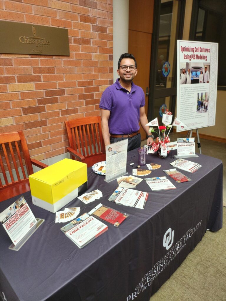Dr. Achinta Bordoloi at the Bioprocessing Core Facility information booth.