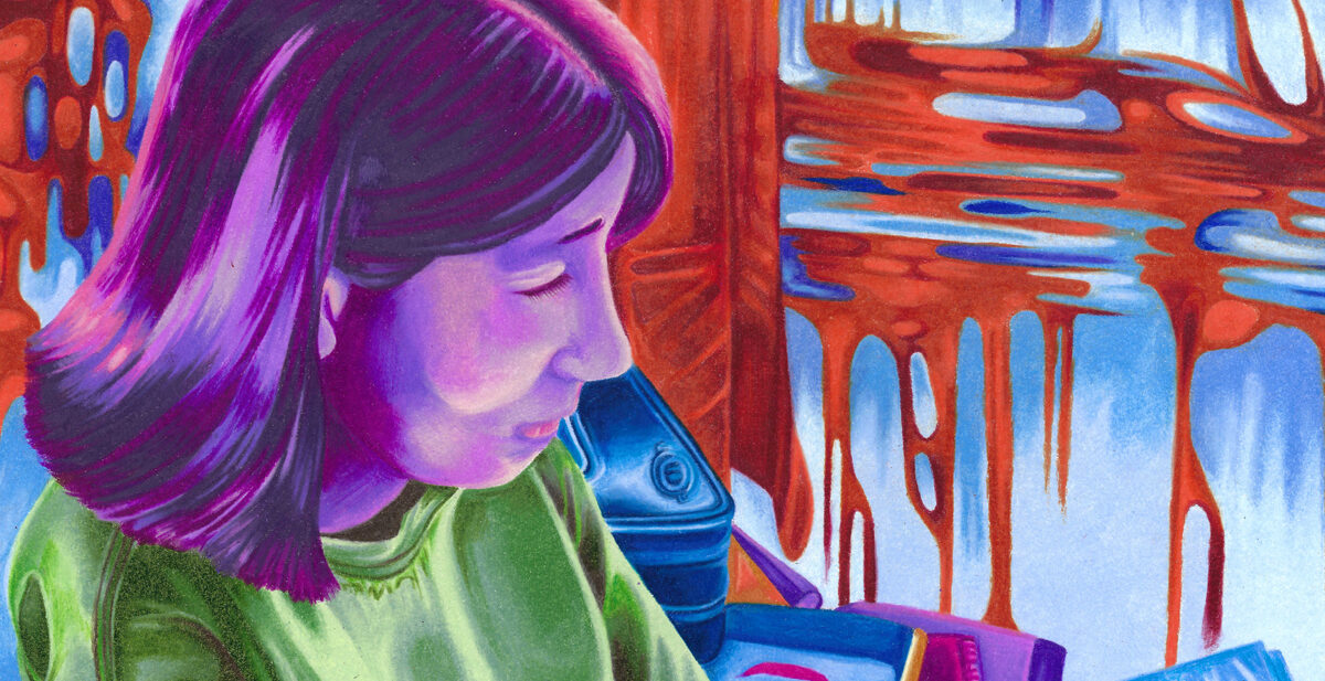 Oversaturated by Briana Harris, the cover image for the 2024-2025 issue of The Aster Review. It is a colored pencil illustration of a girl surrounded by books and a laptop. The colors are bright and the abstract red and blue background coveys a sense of overwhelm.